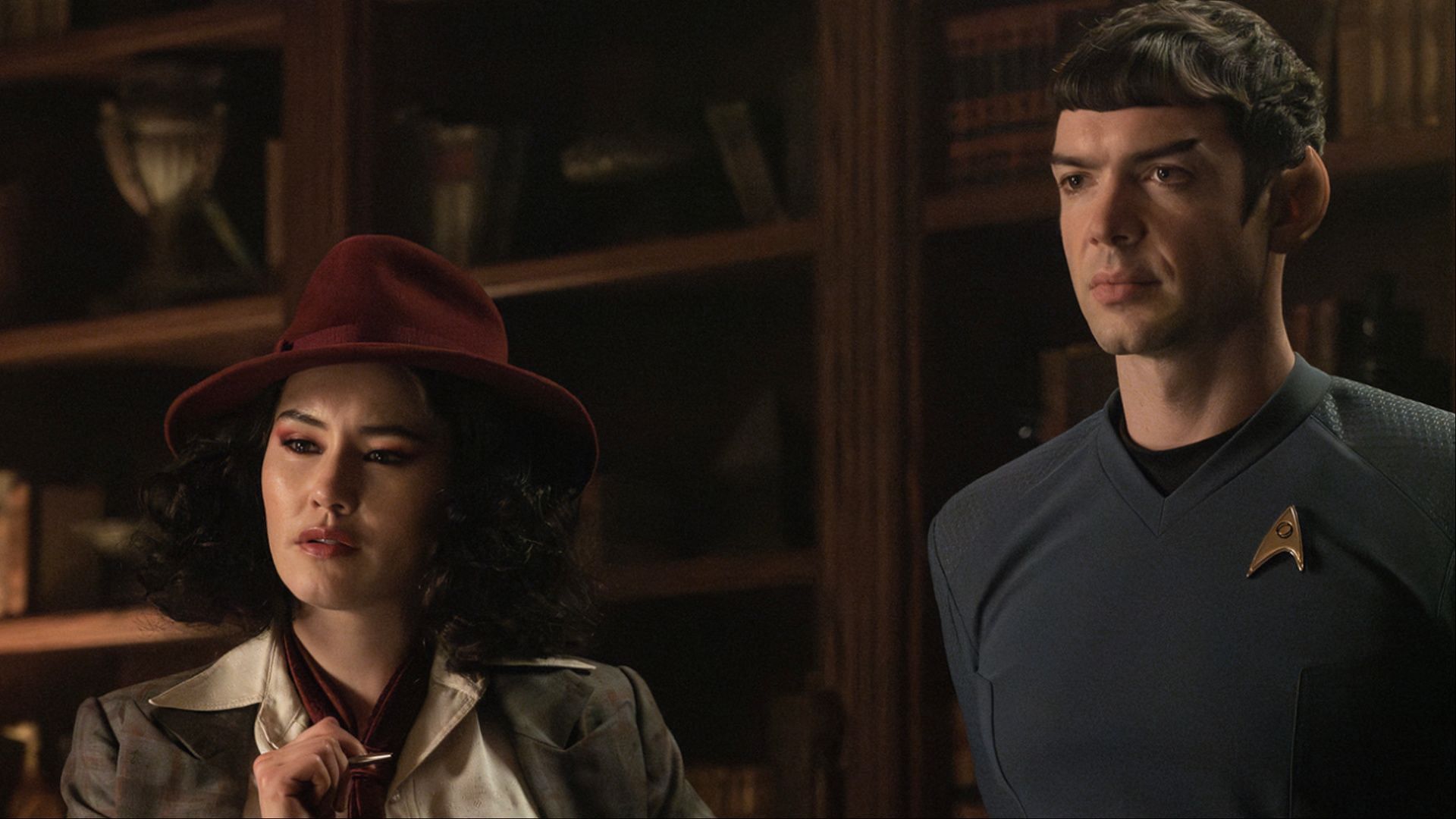La'an Noonien-Singh and Spock appear in a stylized setting in Star Trek: Strange New Worlds season 3 (Image via Paramount+)